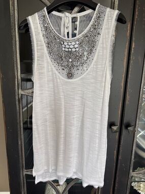 BCBGMaxAzria White Embellished Mesh Yoke Tank